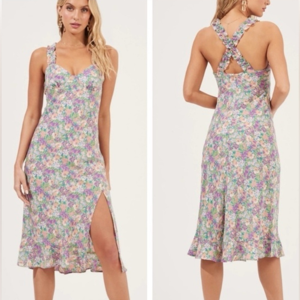 Astr The Label Floral Cross Back Ruffle Strap Midi Dress XS